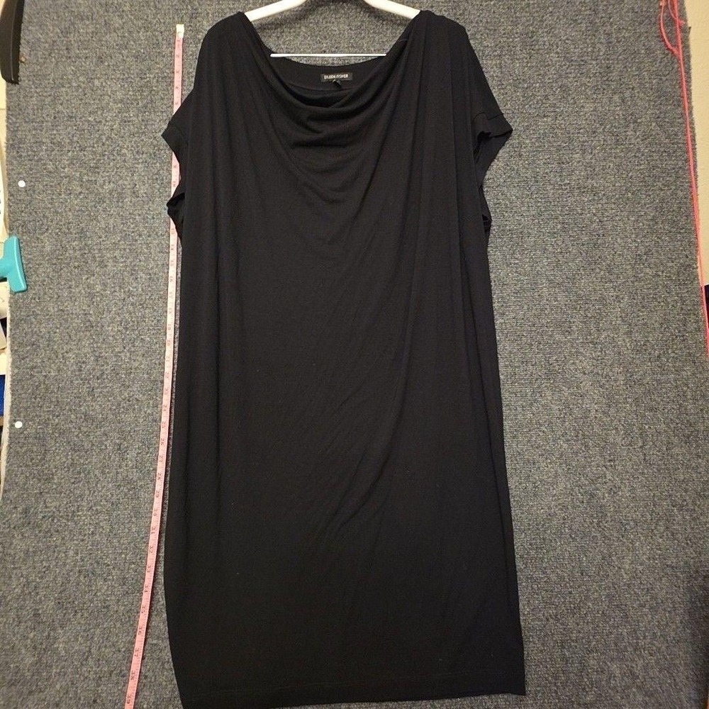 Eileen Fisher Dress Womens L Black Cowl Neck Jersey Shift Knee Length Workwear